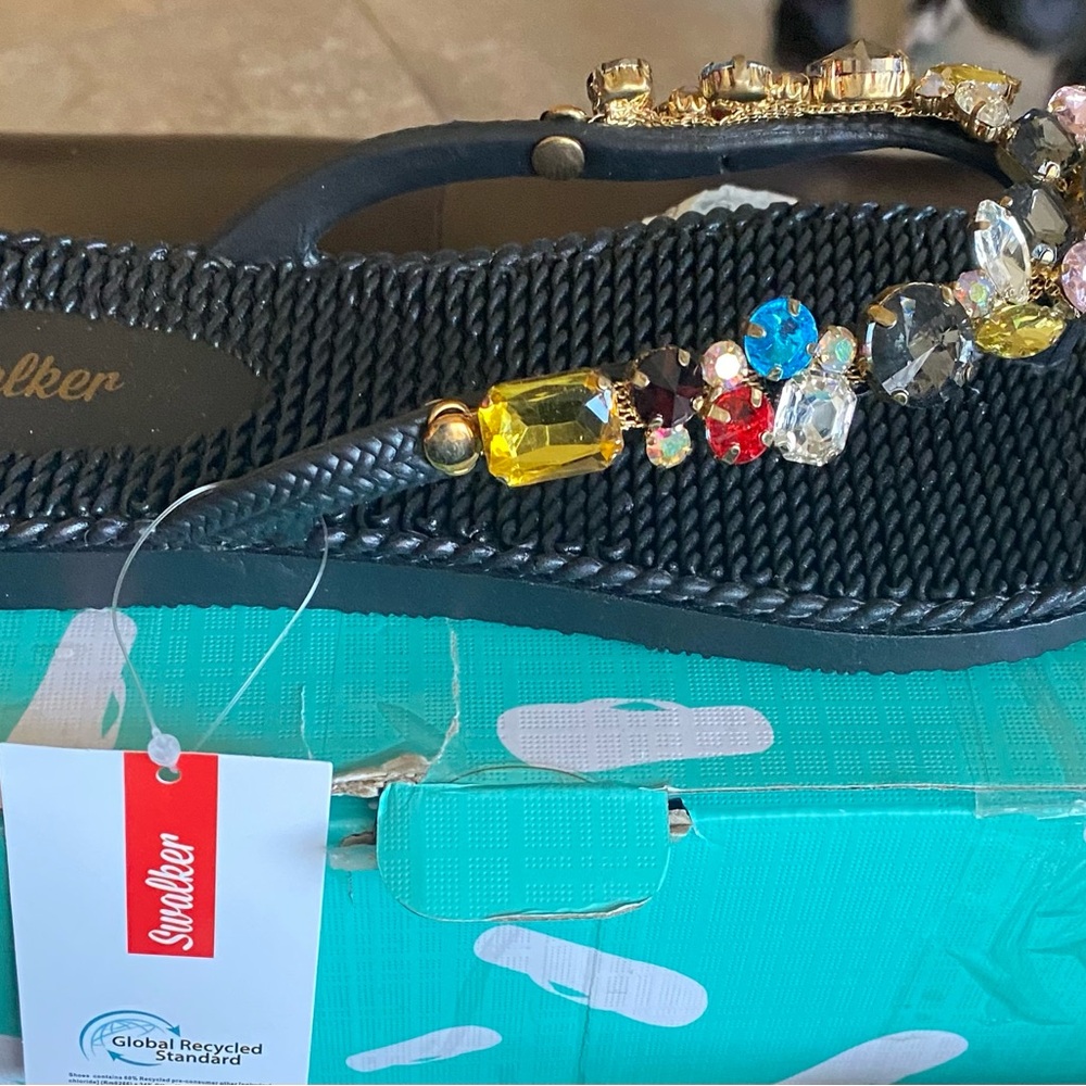 SWALKER Embellished Black Sandals with Multicolor Gems
